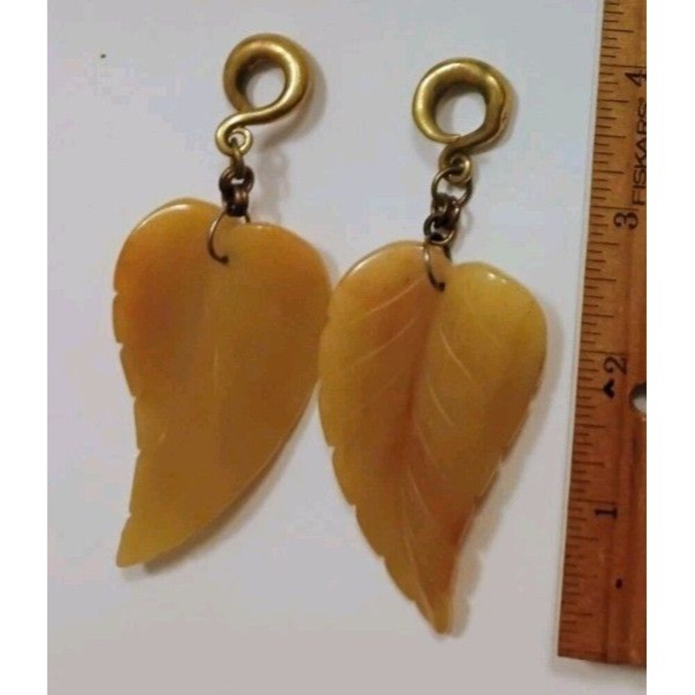 Hand Carved Yellow Jade Leaf Ear Weights Hangers Gauges Stretched Piercing Pair